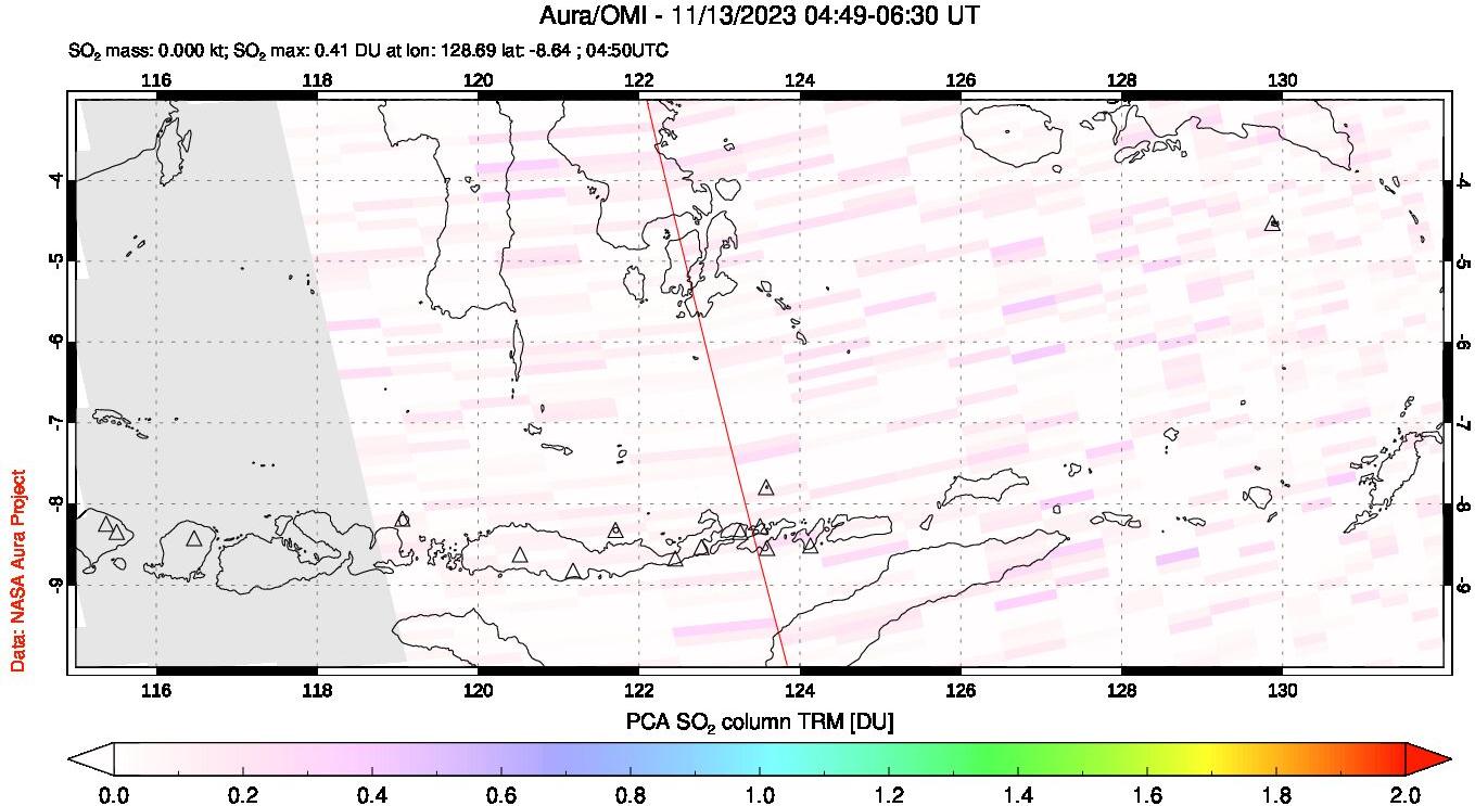 A sulfur dioxide image over Lesser Sunda Islands, Indonesia on Nov 13, 2023.