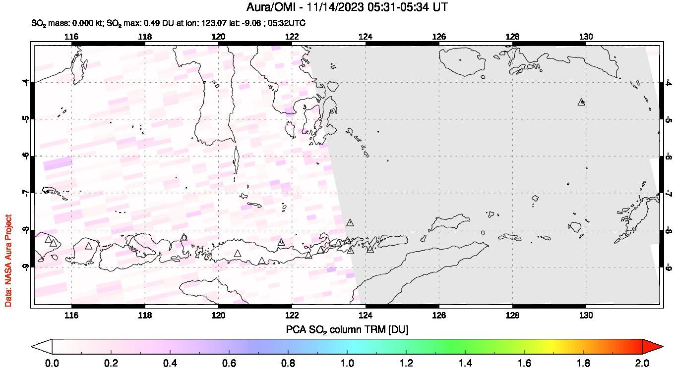 A sulfur dioxide image over Lesser Sunda Islands, Indonesia on Nov 14, 2023.