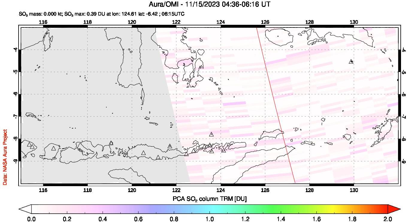 A sulfur dioxide image over Lesser Sunda Islands, Indonesia on Nov 15, 2023.