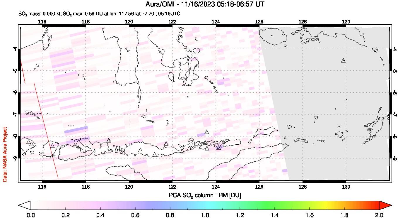 A sulfur dioxide image over Lesser Sunda Islands, Indonesia on Nov 16, 2023.