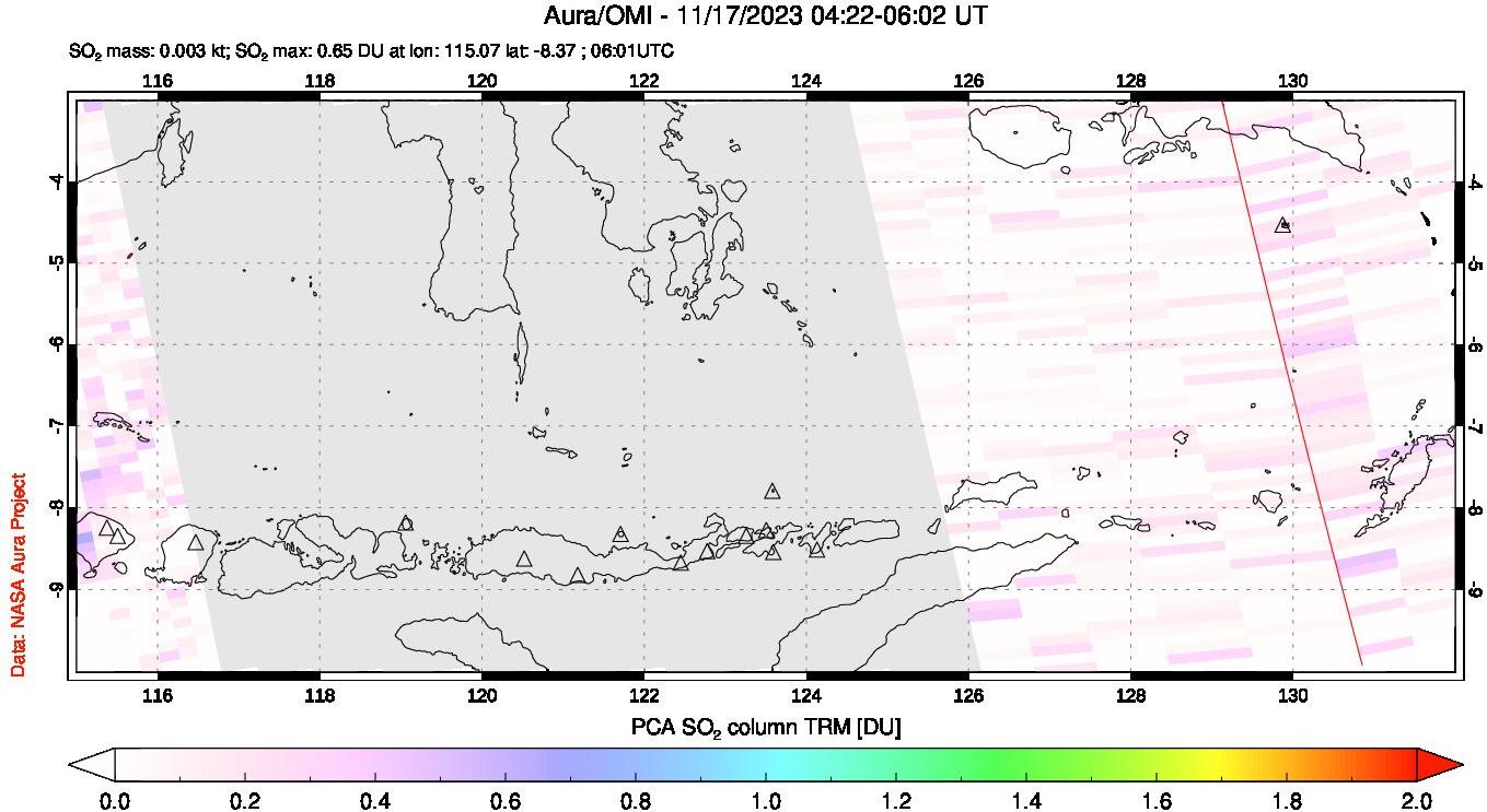 A sulfur dioxide image over Lesser Sunda Islands, Indonesia on Nov 17, 2023.