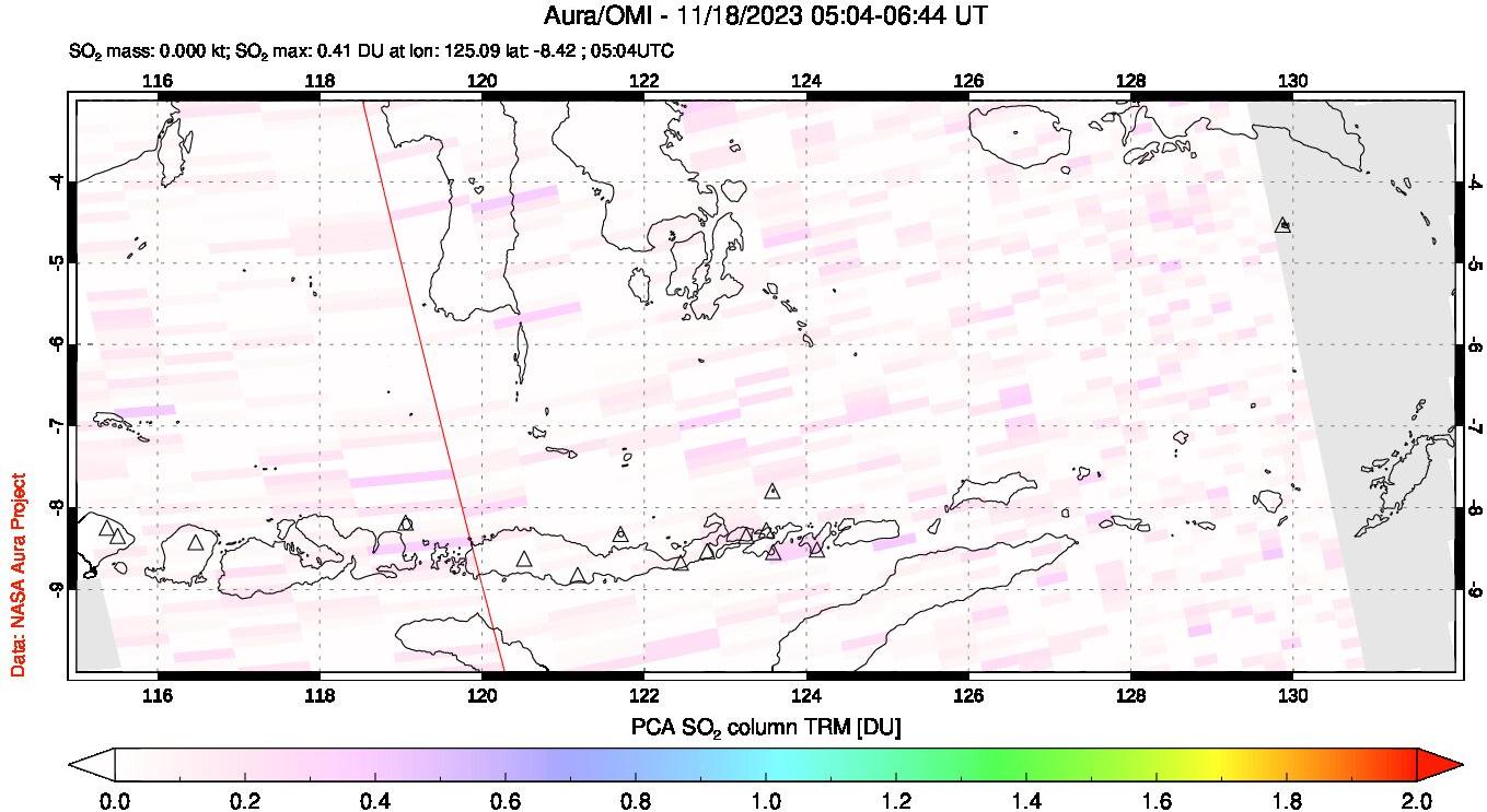 A sulfur dioxide image over Lesser Sunda Islands, Indonesia on Nov 18, 2023.