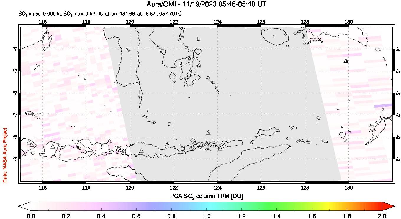 A sulfur dioxide image over Lesser Sunda Islands, Indonesia on Nov 19, 2023.