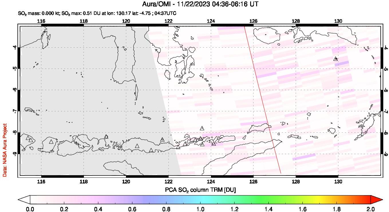 A sulfur dioxide image over Lesser Sunda Islands, Indonesia on Nov 22, 2023.