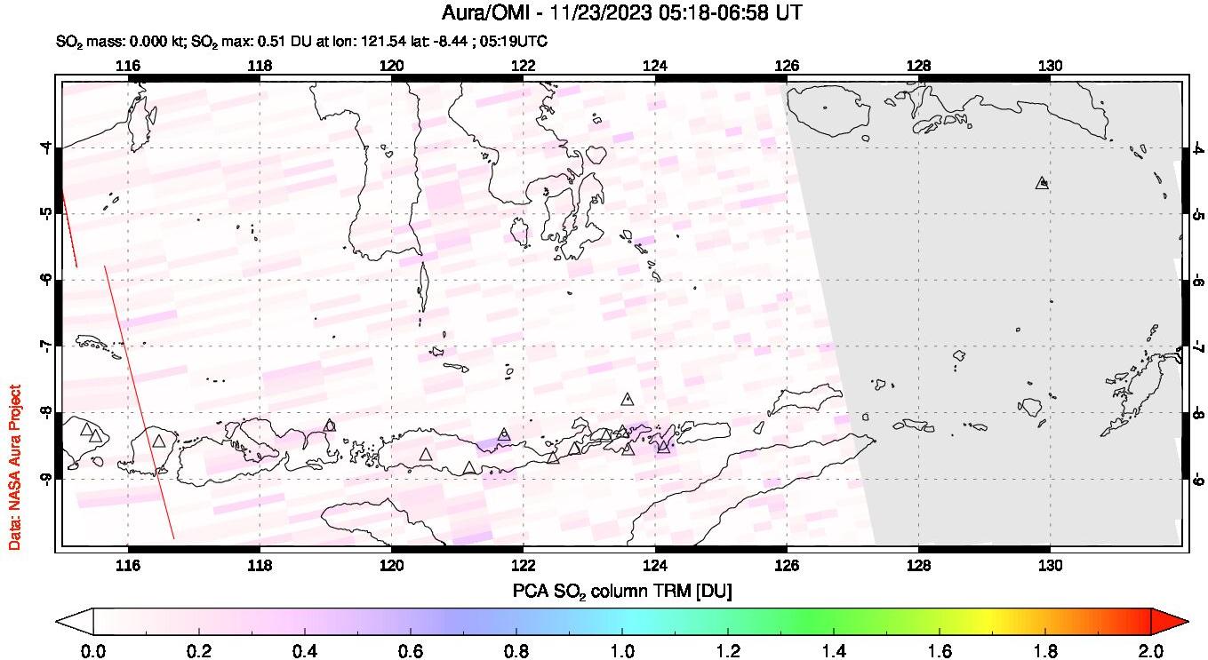 A sulfur dioxide image over Lesser Sunda Islands, Indonesia on Nov 23, 2023.