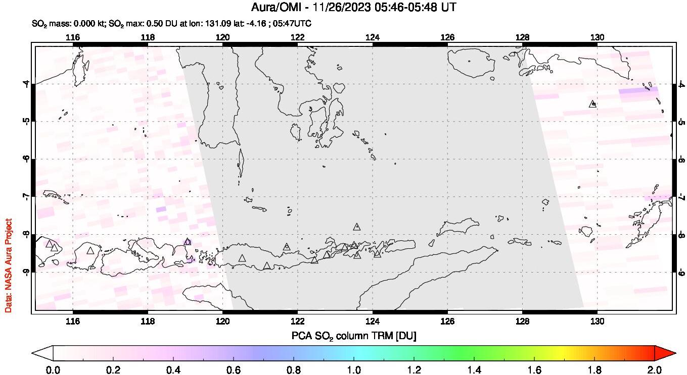 A sulfur dioxide image over Lesser Sunda Islands, Indonesia on Nov 26, 2023.