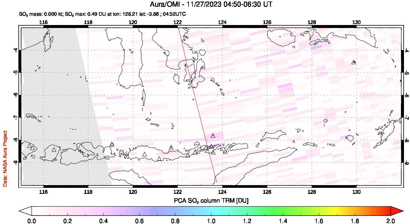 A sulfur dioxide image over Lesser Sunda Islands, Indonesia on Nov 27, 2023.