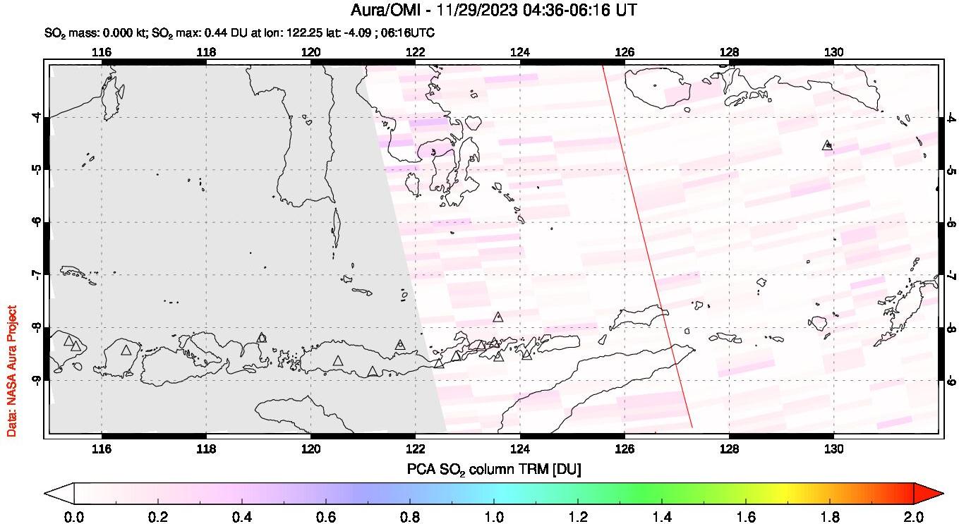 A sulfur dioxide image over Lesser Sunda Islands, Indonesia on Nov 29, 2023.