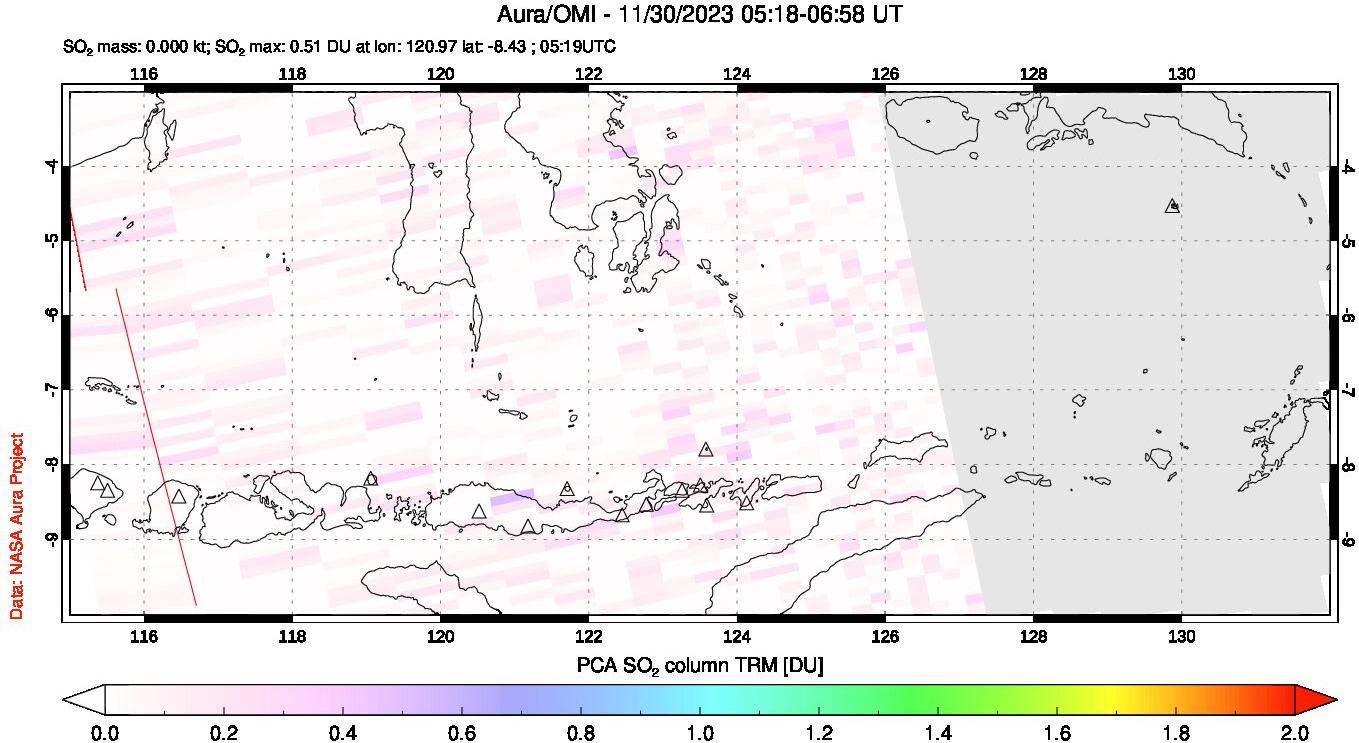 A sulfur dioxide image over Lesser Sunda Islands, Indonesia on Nov 30, 2023.