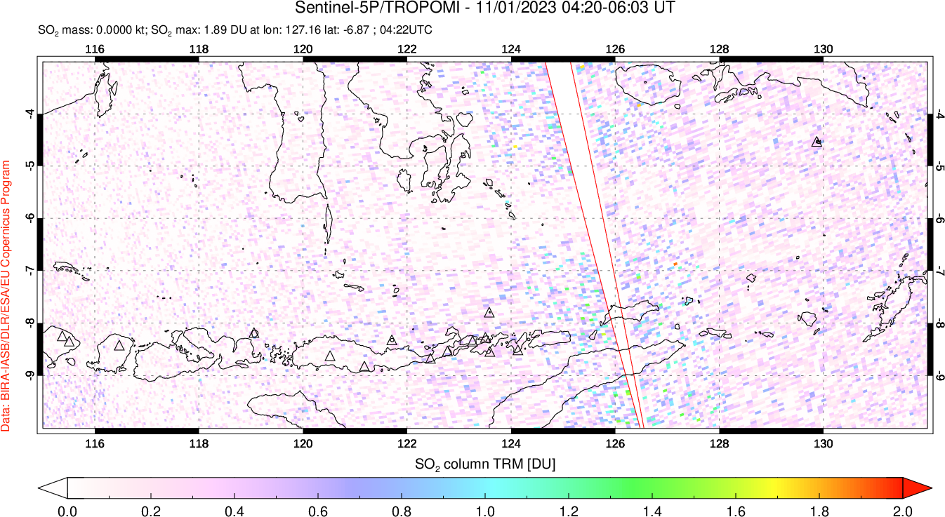 A sulfur dioxide image over Lesser Sunda Islands, Indonesia on Nov 01, 2023.