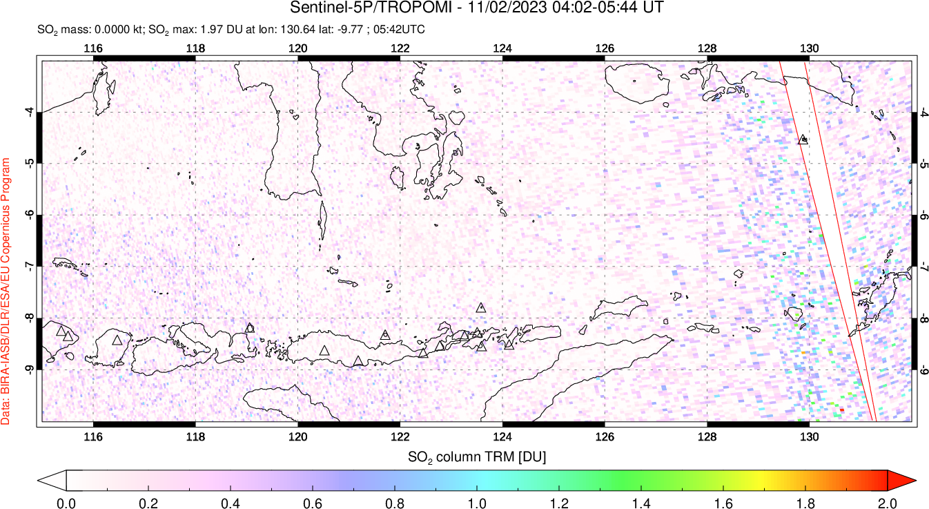 A sulfur dioxide image over Lesser Sunda Islands, Indonesia on Nov 02, 2023.