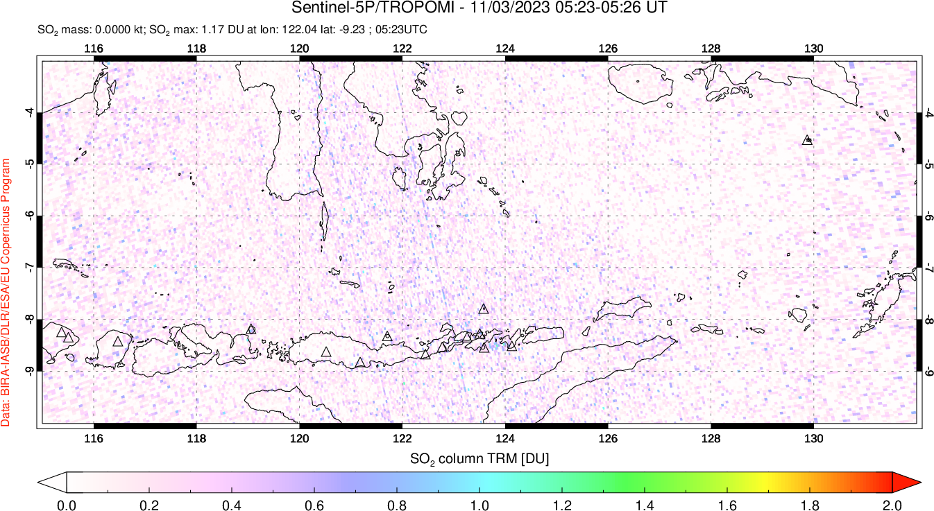 A sulfur dioxide image over Lesser Sunda Islands, Indonesia on Nov 03, 2023.