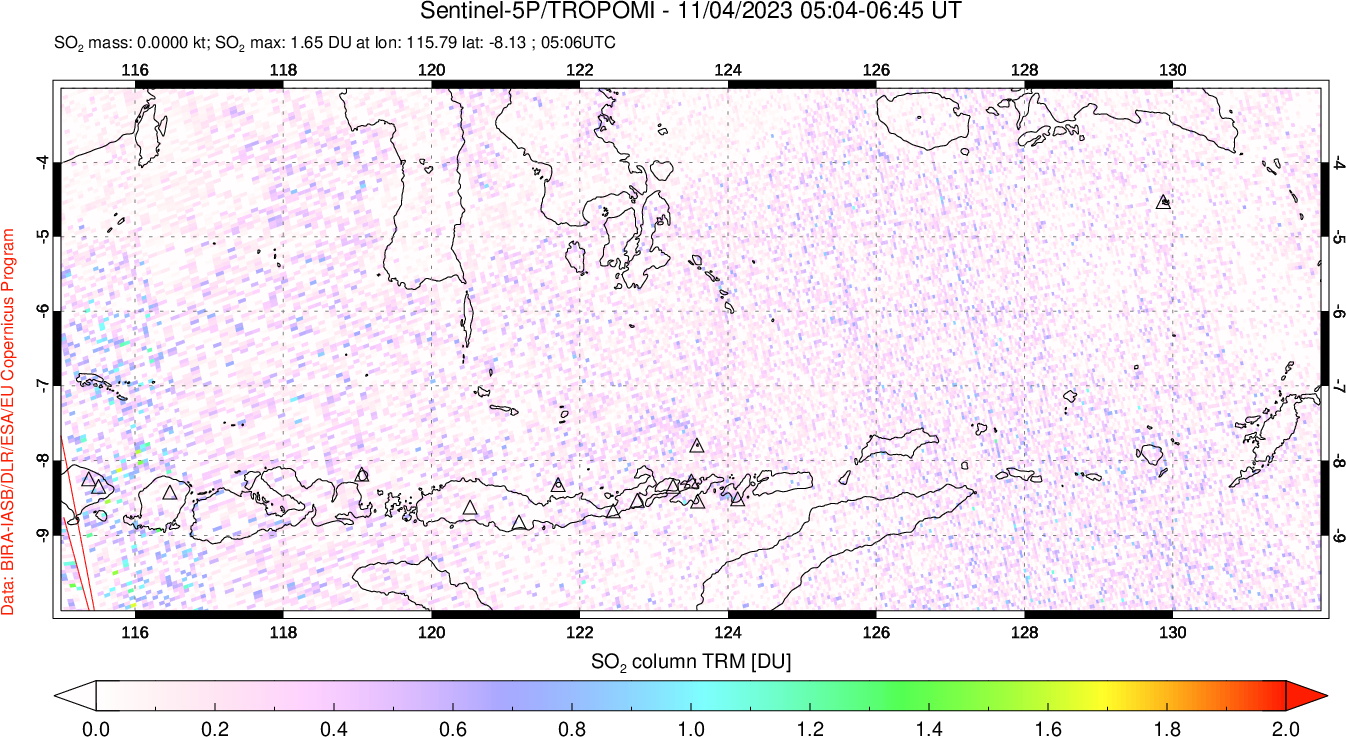 A sulfur dioxide image over Lesser Sunda Islands, Indonesia on Nov 04, 2023.