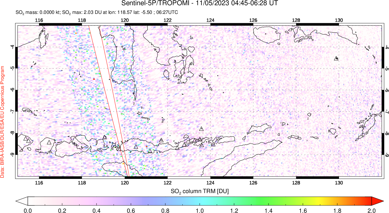 A sulfur dioxide image over Lesser Sunda Islands, Indonesia on Nov 05, 2023.