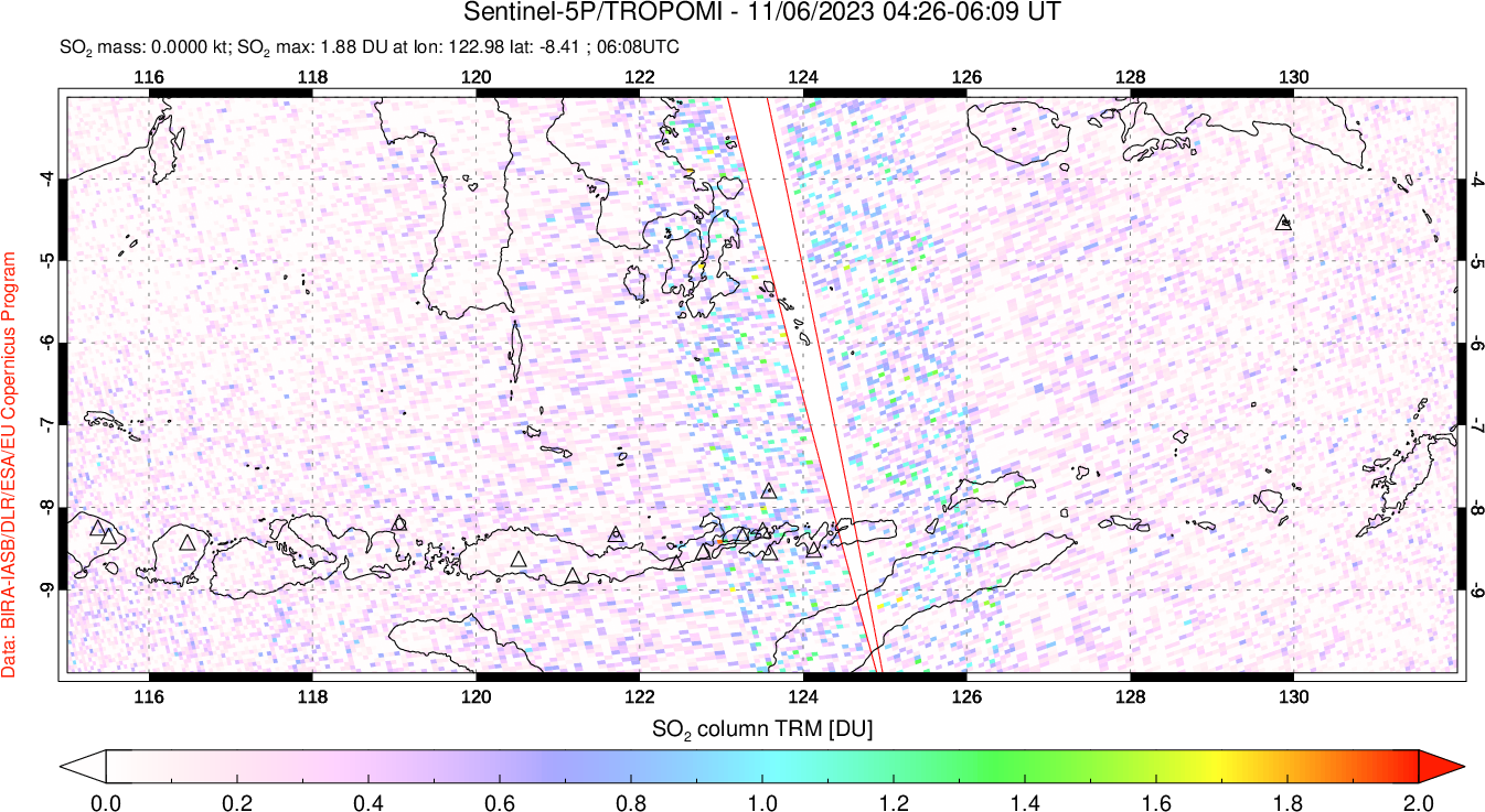 A sulfur dioxide image over Lesser Sunda Islands, Indonesia on Nov 06, 2023.