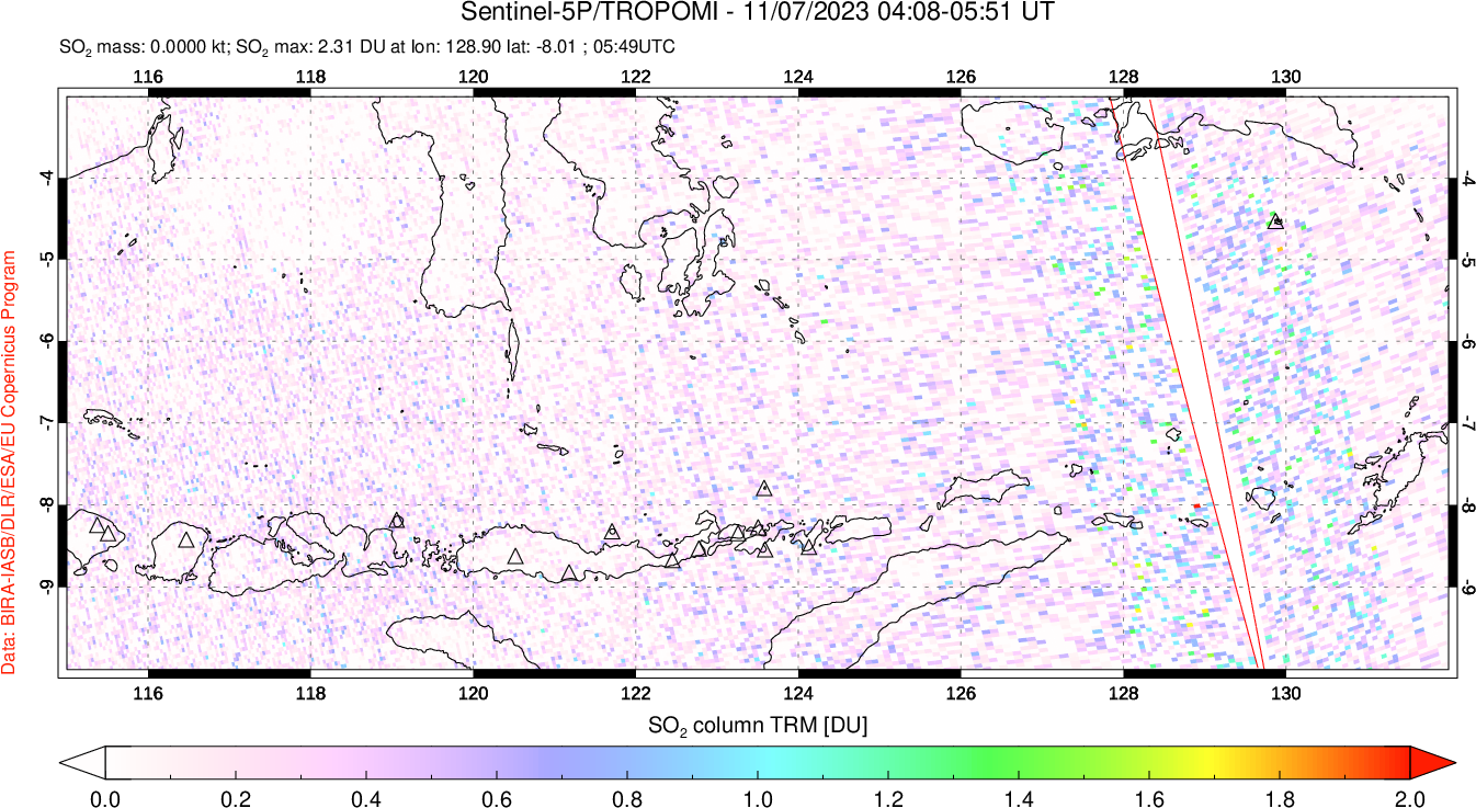 A sulfur dioxide image over Lesser Sunda Islands, Indonesia on Nov 07, 2023.