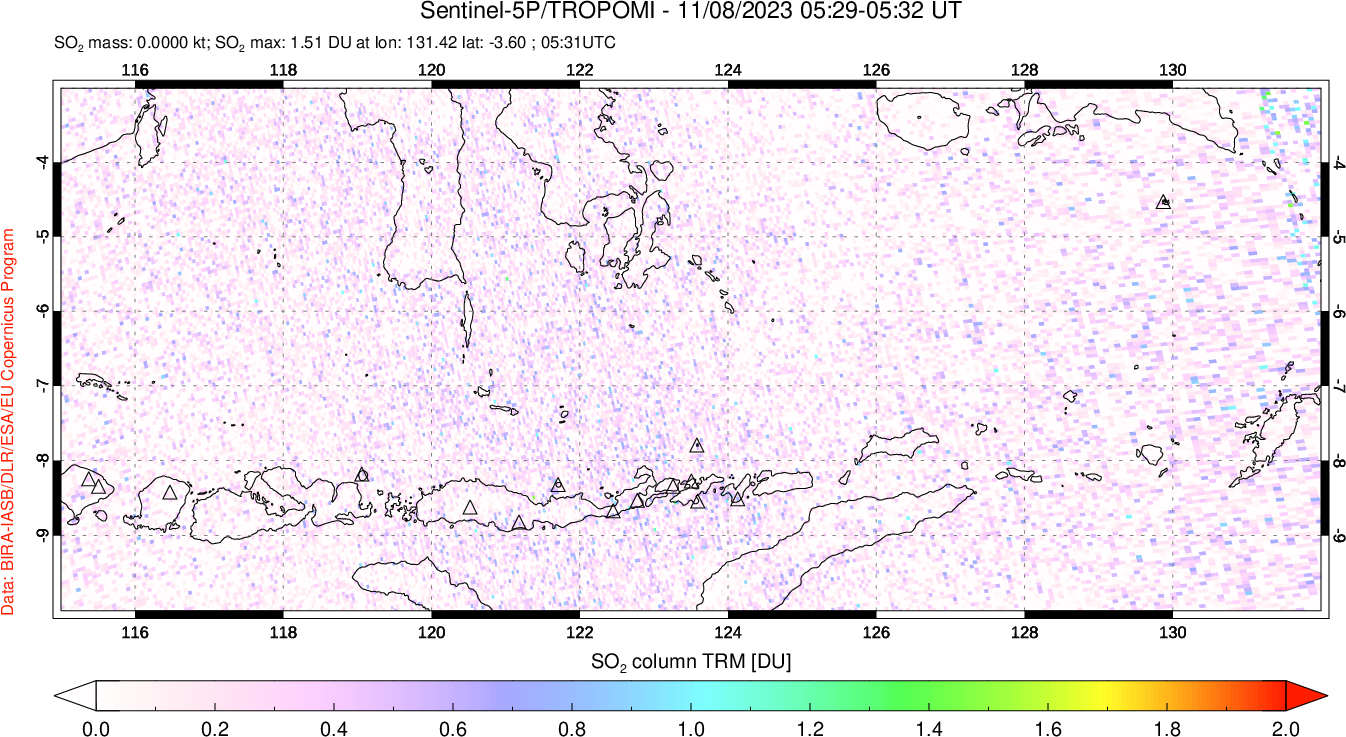 A sulfur dioxide image over Lesser Sunda Islands, Indonesia on Nov 08, 2023.