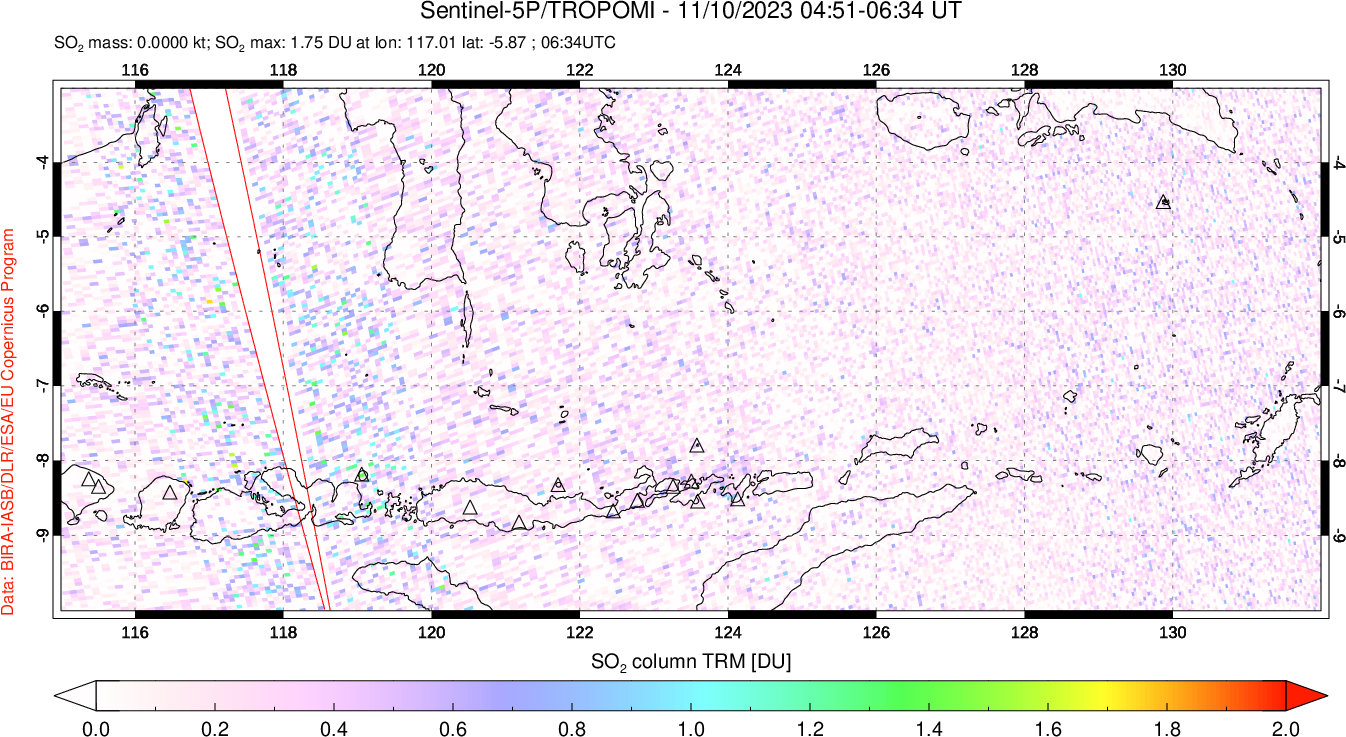 A sulfur dioxide image over Lesser Sunda Islands, Indonesia on Nov 10, 2023.