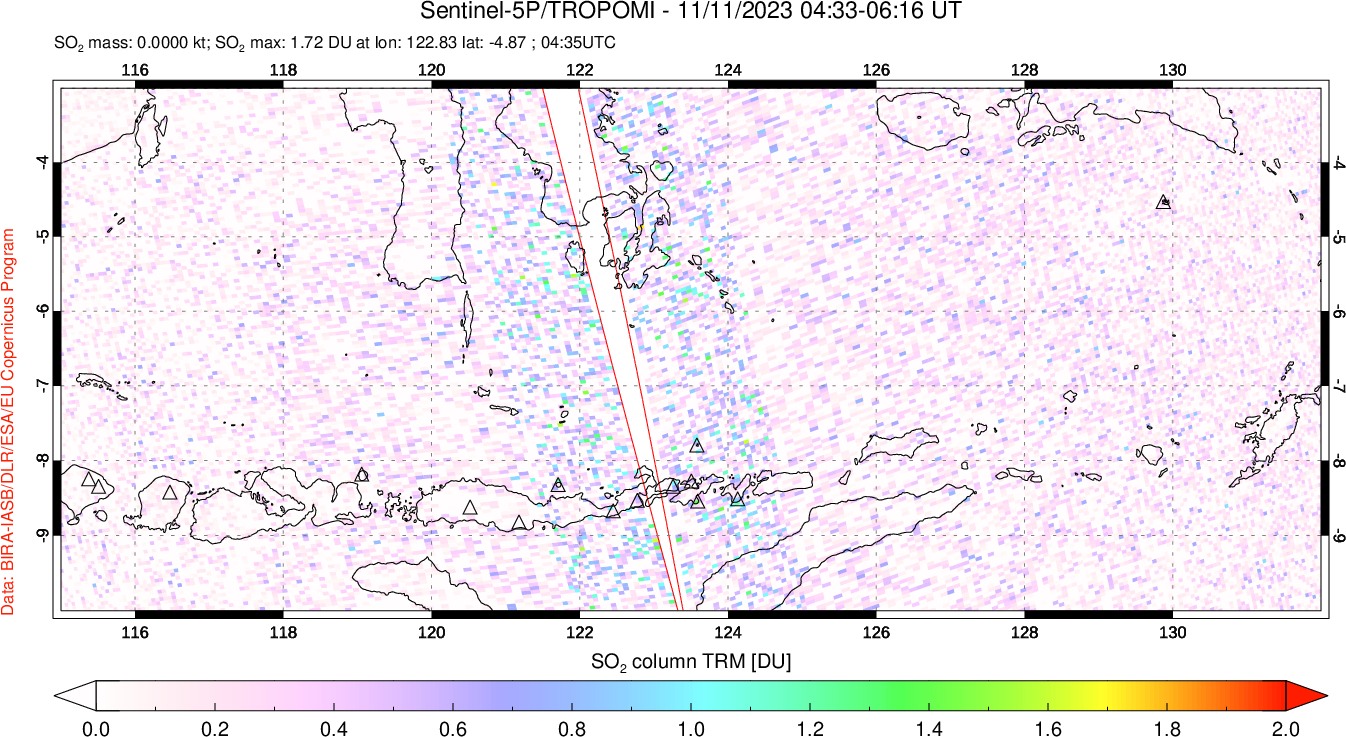 A sulfur dioxide image over Lesser Sunda Islands, Indonesia on Nov 11, 2023.