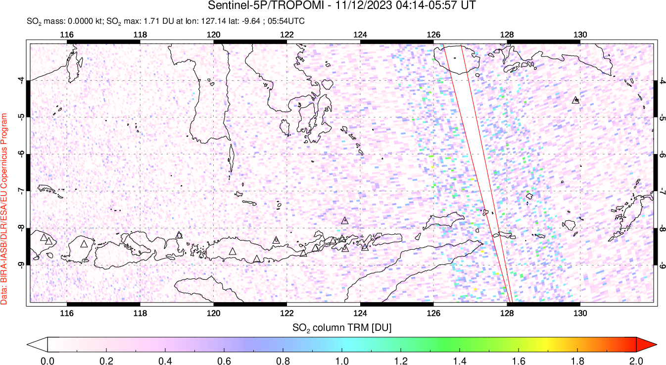 A sulfur dioxide image over Lesser Sunda Islands, Indonesia on Nov 12, 2023.