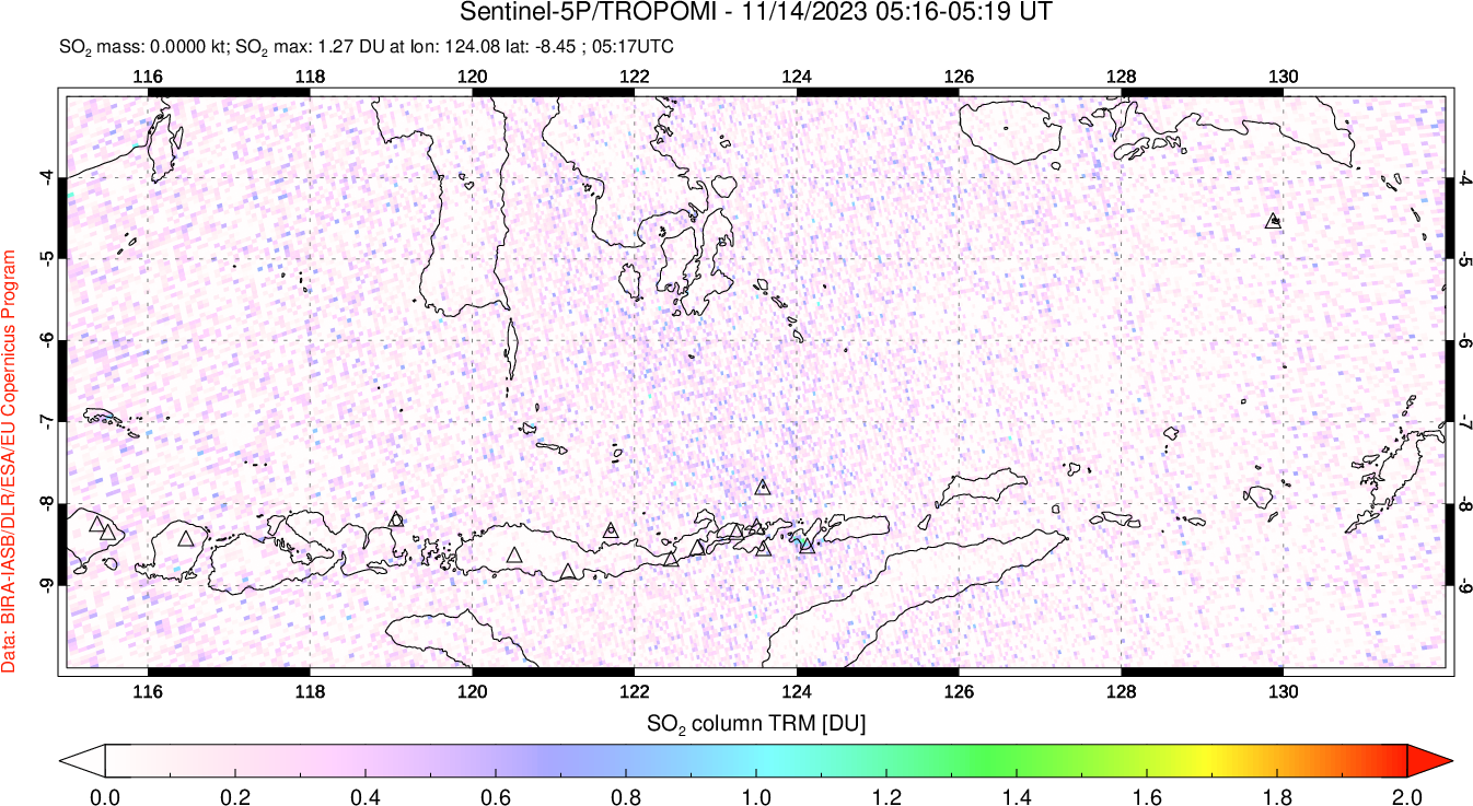 A sulfur dioxide image over Lesser Sunda Islands, Indonesia on Nov 14, 2023.