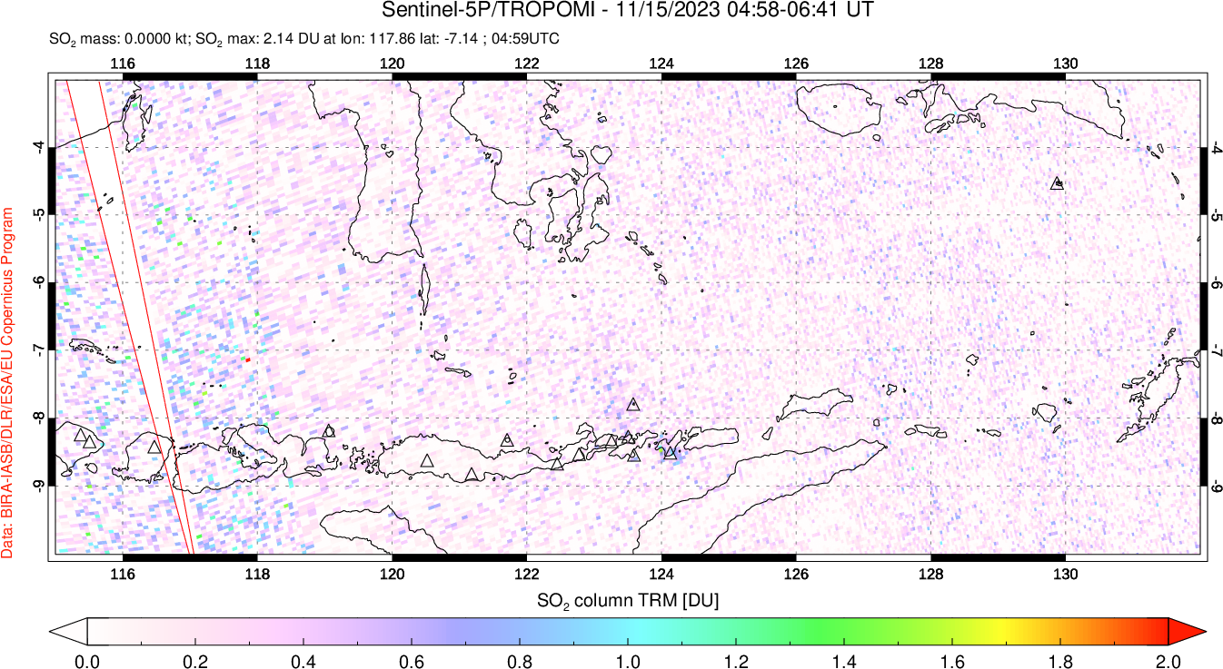 A sulfur dioxide image over Lesser Sunda Islands, Indonesia on Nov 15, 2023.