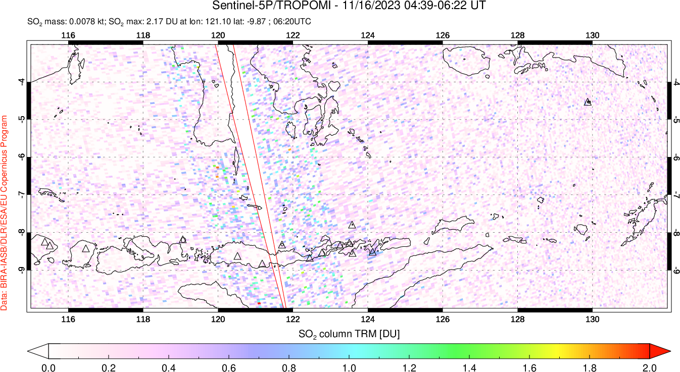 A sulfur dioxide image over Lesser Sunda Islands, Indonesia on Nov 16, 2023.