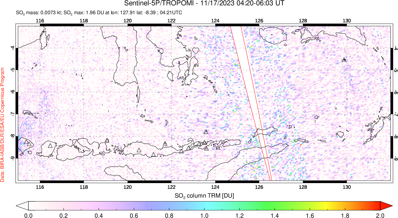 A sulfur dioxide image over Lesser Sunda Islands, Indonesia on Nov 17, 2023.