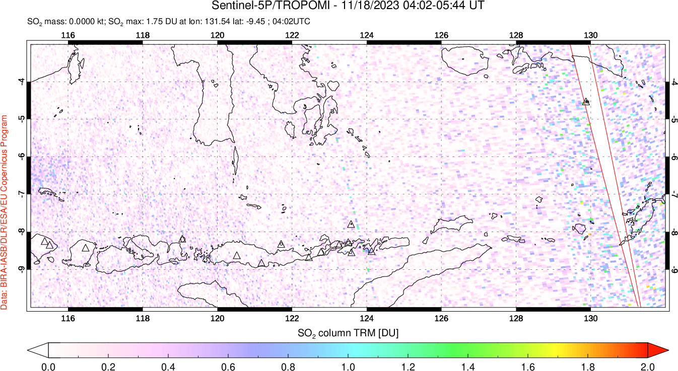 A sulfur dioxide image over Lesser Sunda Islands, Indonesia on Nov 18, 2023.