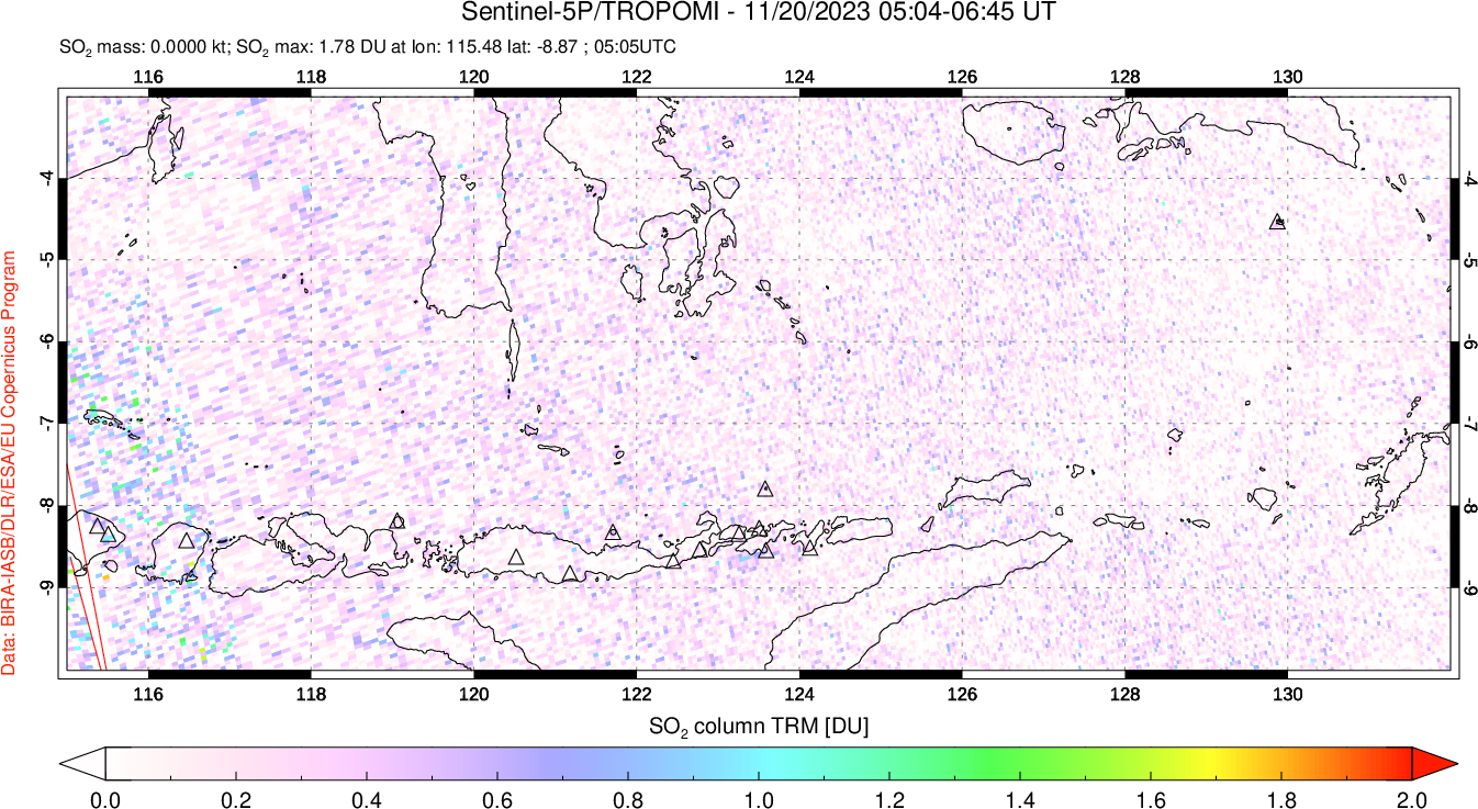 A sulfur dioxide image over Lesser Sunda Islands, Indonesia on Nov 20, 2023.