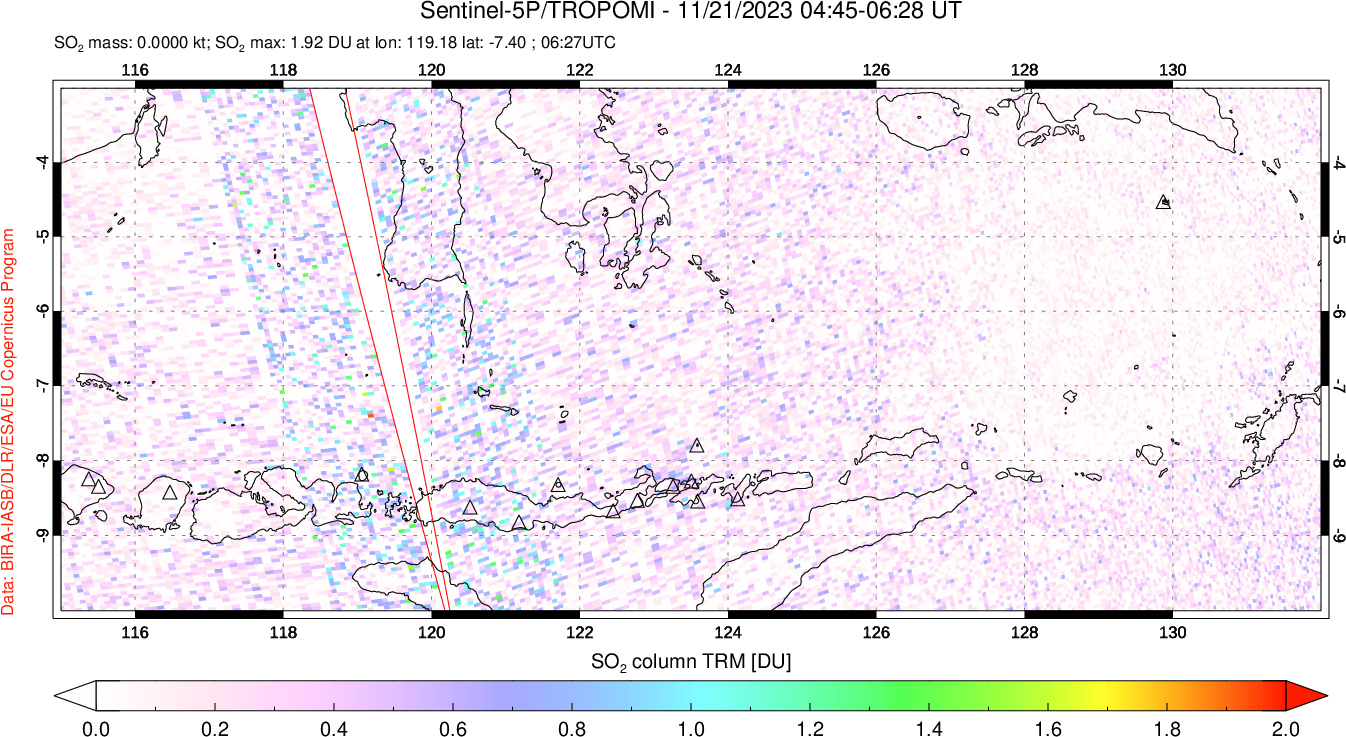 A sulfur dioxide image over Lesser Sunda Islands, Indonesia on Nov 21, 2023.