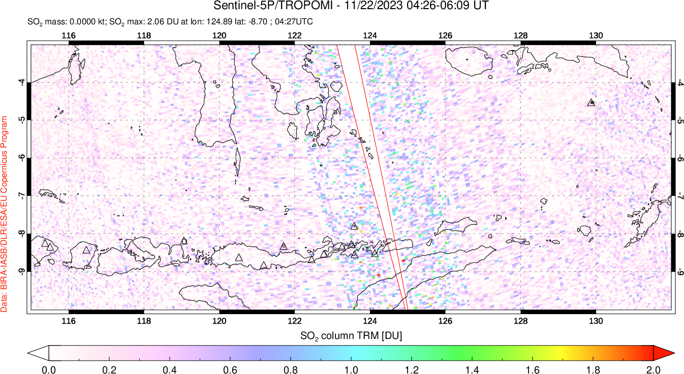 A sulfur dioxide image over Lesser Sunda Islands, Indonesia on Nov 22, 2023.