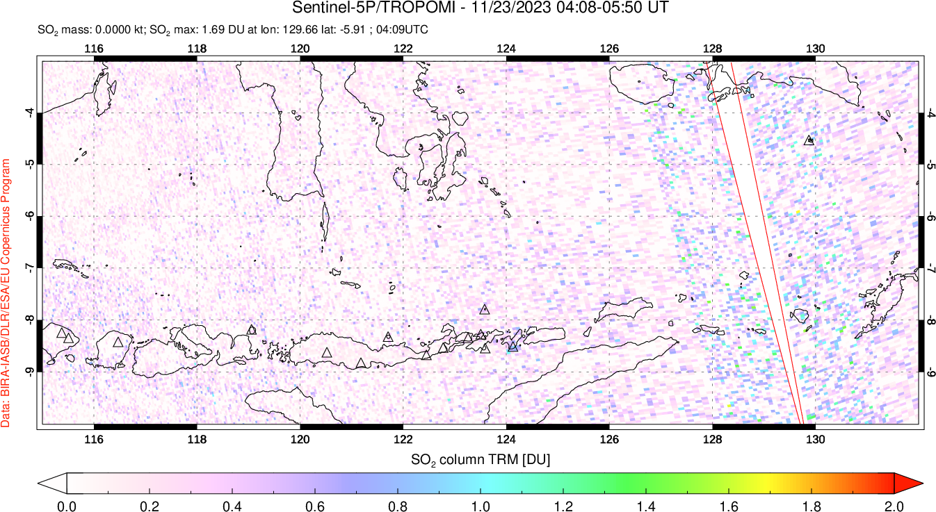 A sulfur dioxide image over Lesser Sunda Islands, Indonesia on Nov 23, 2023.