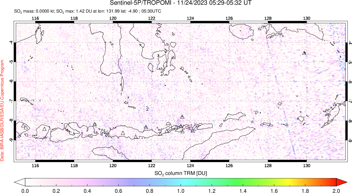 A sulfur dioxide image over Lesser Sunda Islands, Indonesia on Nov 24, 2023.