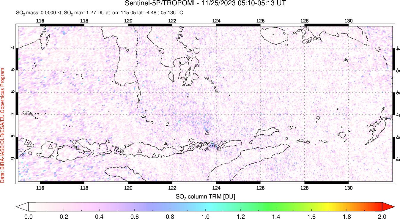 A sulfur dioxide image over Lesser Sunda Islands, Indonesia on Nov 25, 2023.