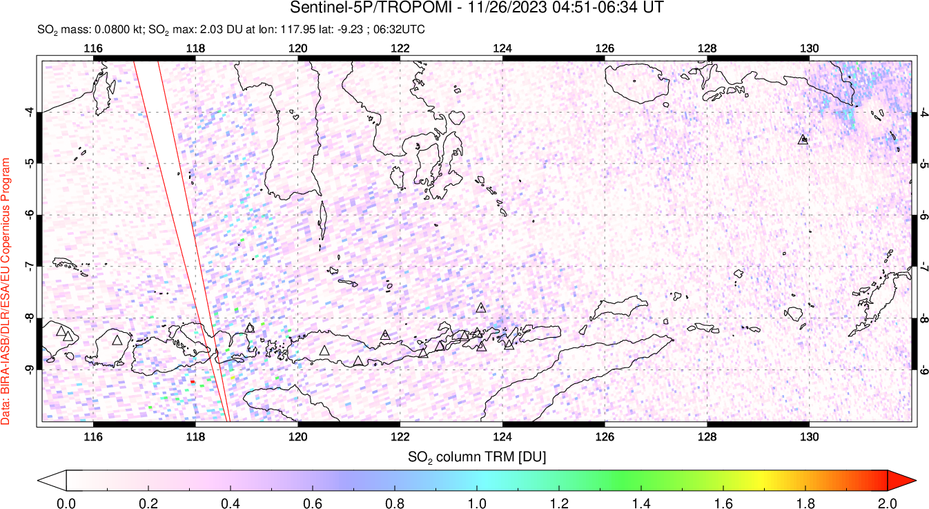 A sulfur dioxide image over Lesser Sunda Islands, Indonesia on Nov 26, 2023.