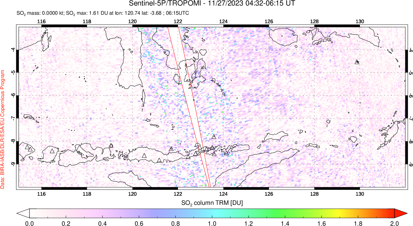 A sulfur dioxide image over Lesser Sunda Islands, Indonesia on Nov 27, 2023.