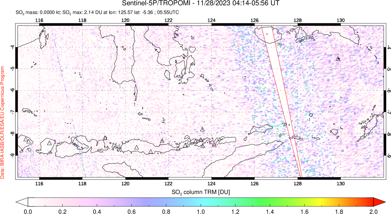 A sulfur dioxide image over Lesser Sunda Islands, Indonesia on Nov 28, 2023.