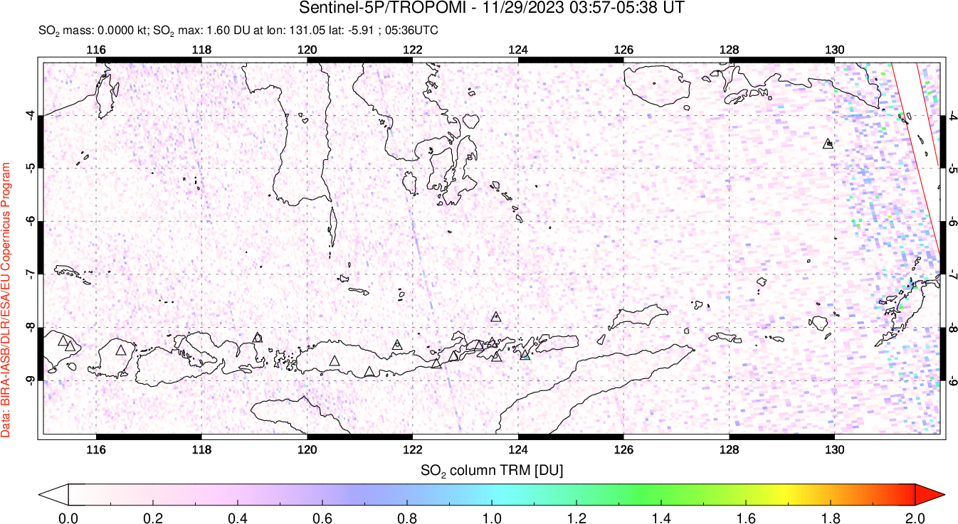 A sulfur dioxide image over Lesser Sunda Islands, Indonesia on Nov 29, 2023.