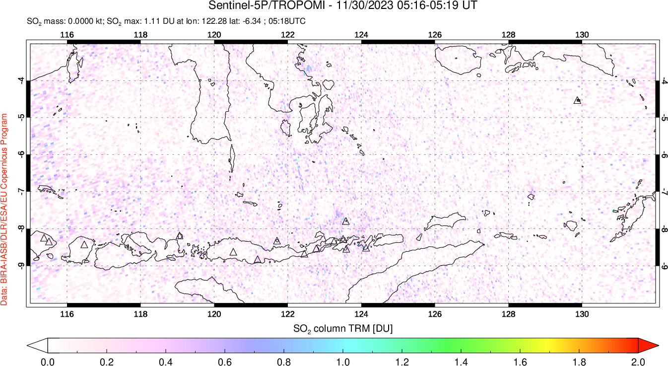 A sulfur dioxide image over Lesser Sunda Islands, Indonesia on Nov 30, 2023.