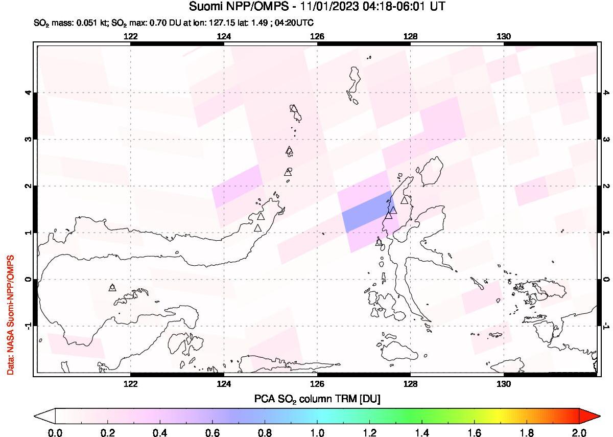 A sulfur dioxide image over Northern Sulawesi & Halmahera, Indonesia on Nov 01, 2023.