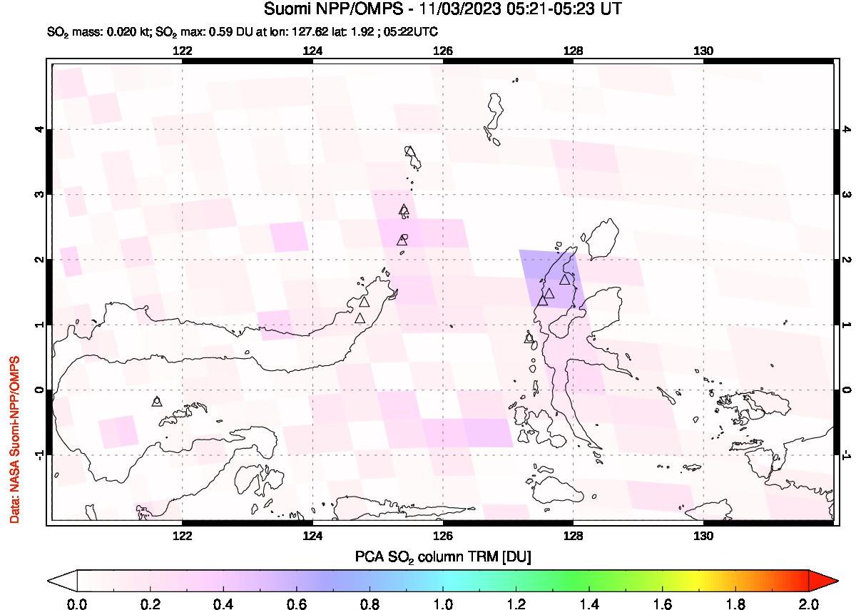 A sulfur dioxide image over Northern Sulawesi & Halmahera, Indonesia on Nov 03, 2023.