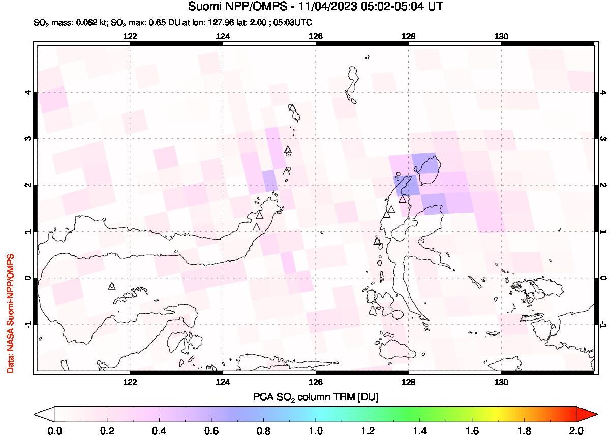 A sulfur dioxide image over Northern Sulawesi & Halmahera, Indonesia on Nov 04, 2023.