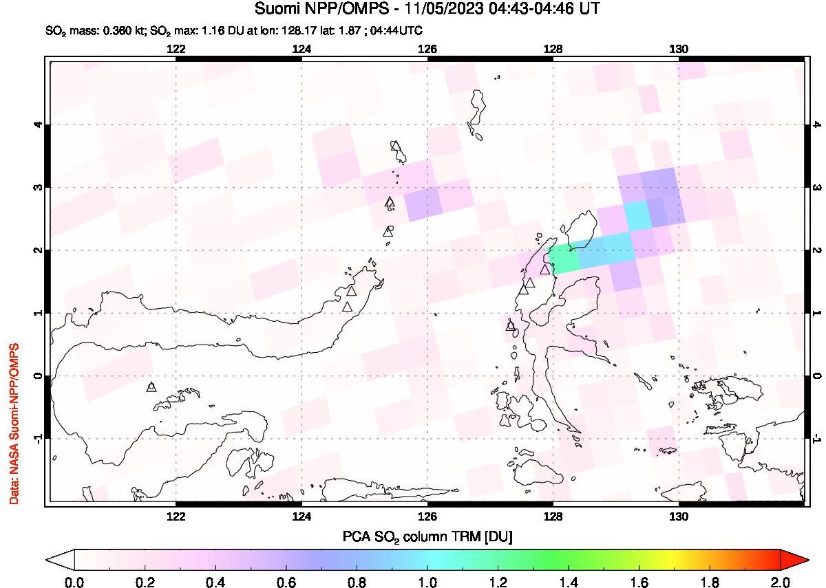 A sulfur dioxide image over Northern Sulawesi & Halmahera, Indonesia on Nov 05, 2023.