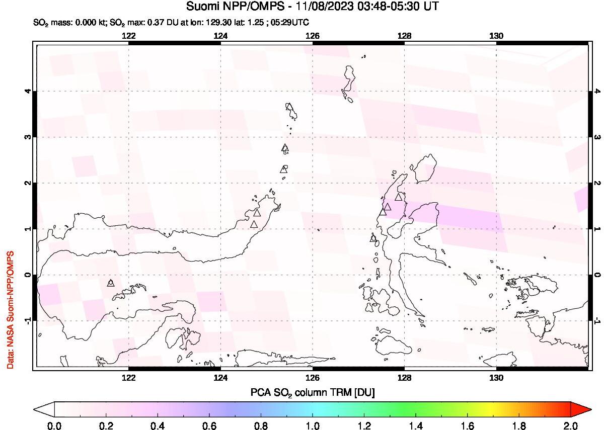 A sulfur dioxide image over Northern Sulawesi & Halmahera, Indonesia on Nov 08, 2023.