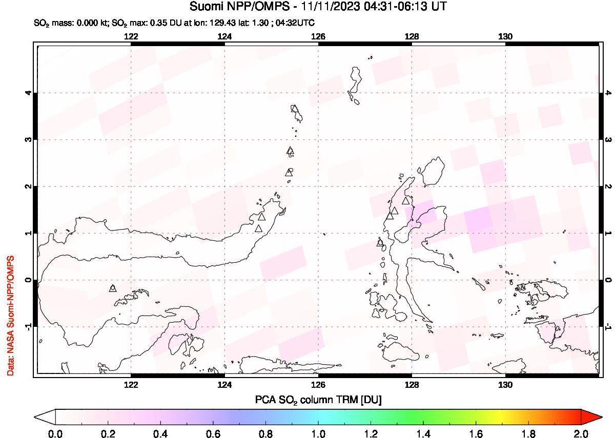 A sulfur dioxide image over Northern Sulawesi & Halmahera, Indonesia on Nov 11, 2023.