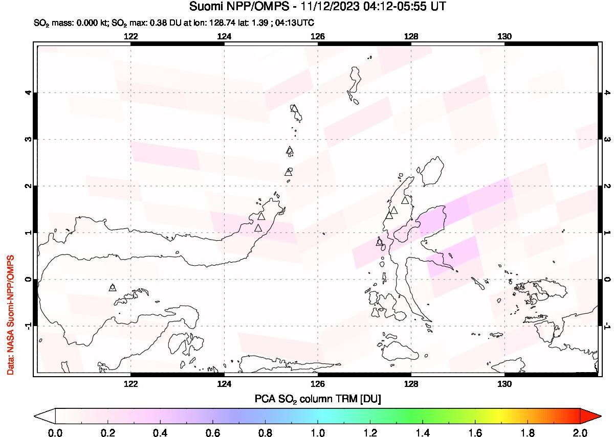 A sulfur dioxide image over Northern Sulawesi & Halmahera, Indonesia on Nov 12, 2023.