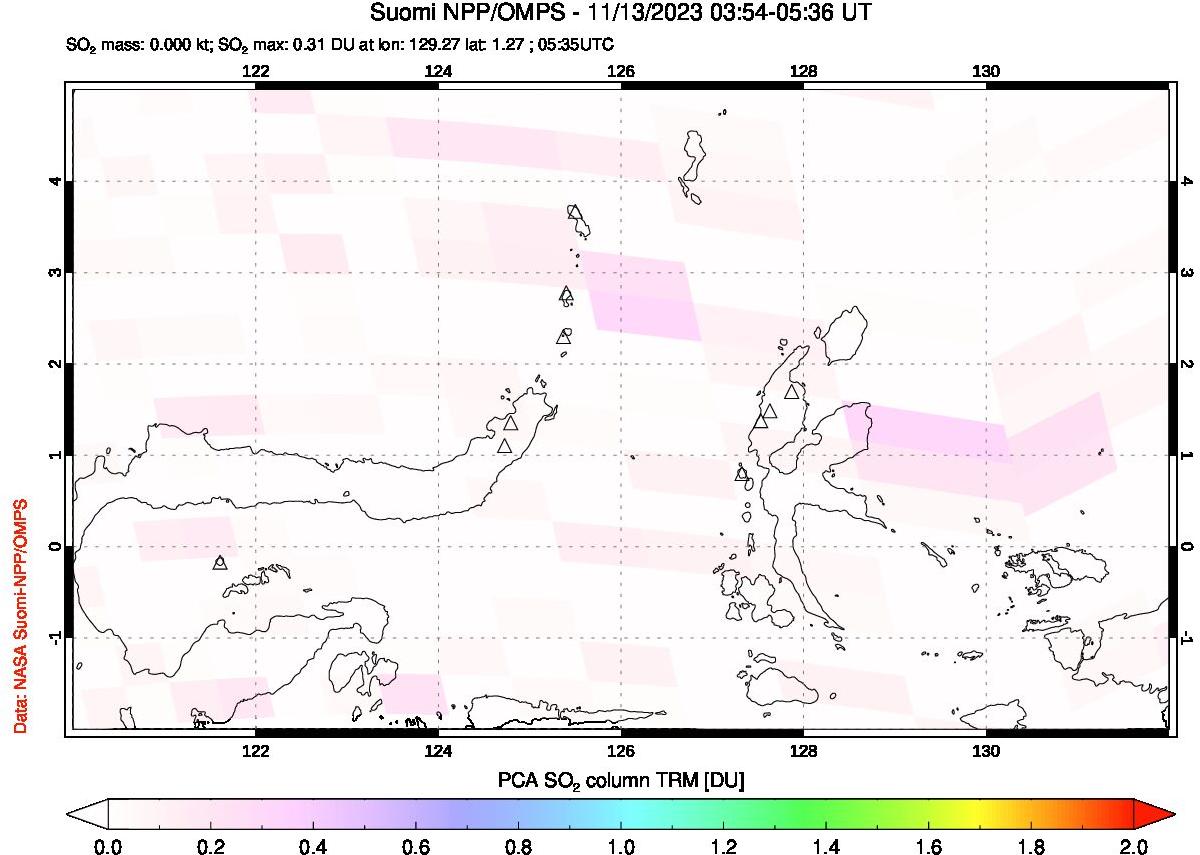 A sulfur dioxide image over Northern Sulawesi & Halmahera, Indonesia on Nov 13, 2023.