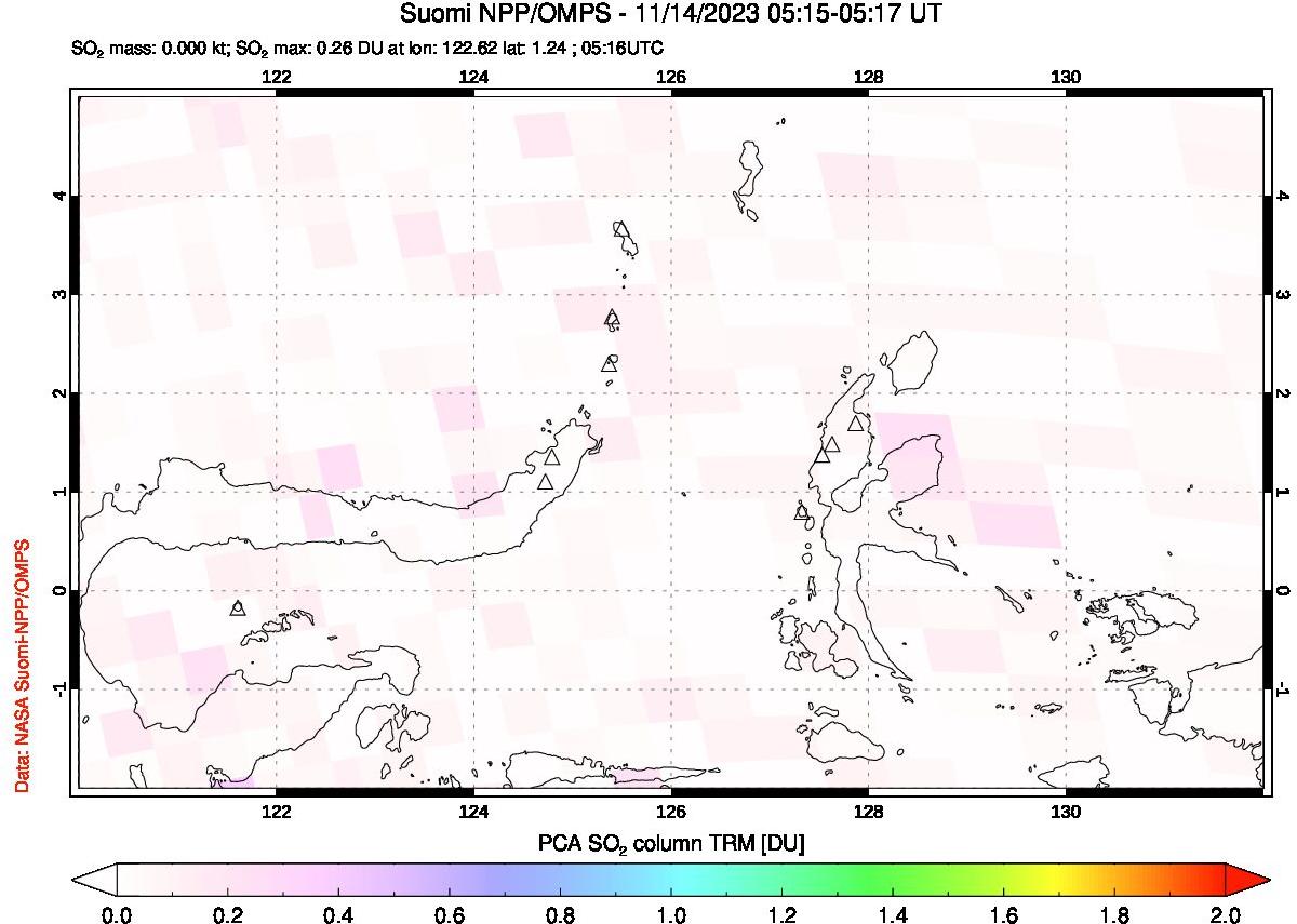 A sulfur dioxide image over Northern Sulawesi & Halmahera, Indonesia on Nov 14, 2023.