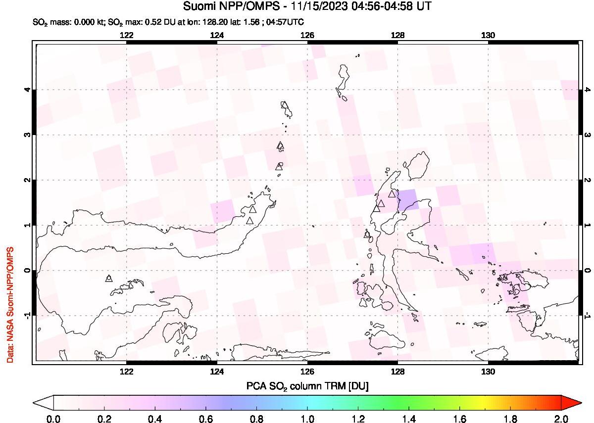 A sulfur dioxide image over Northern Sulawesi & Halmahera, Indonesia on Nov 15, 2023.